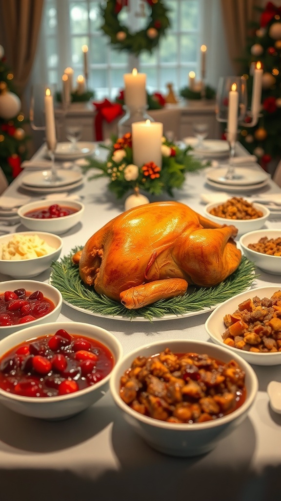 A festive Christmas dinner table with roasted turkey, mashed potatoes, cranberry sauce, and stuffing.